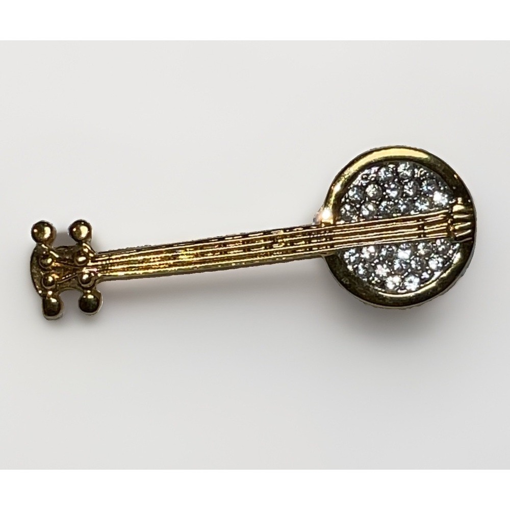 Vintage D'Orlan Rhinestone Banjo Brooch Pin Gold Tone Rare